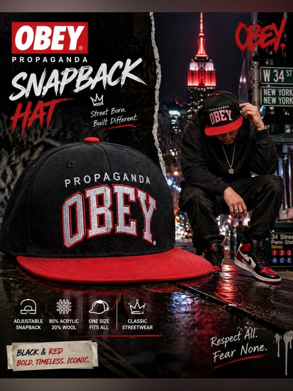 Obey Propaganda Snapback Hat – Black & Red